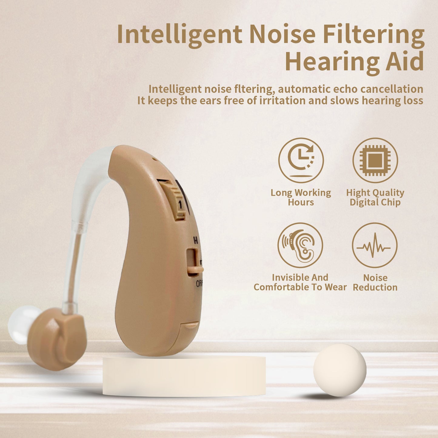 HIBRIQ HAP-20T Hearing Aid for Adults, Hearing Amplifier with Replaceable Battery, Single (Beige)