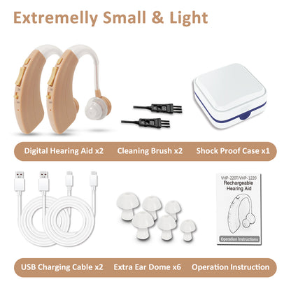 HIBRIQ VHP-1220 Binaural Hearing Aids for Adults, USB Rechargeable Sound Amplifiers with Adjustable Volume & Modes, Intelligent Noise Reduction Sound Devices, Beige