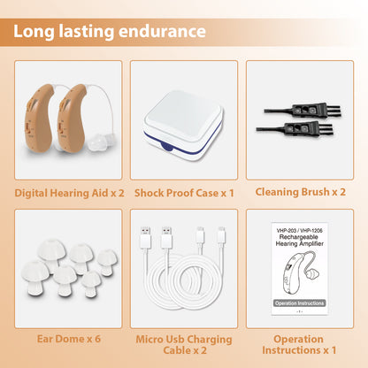HIBRIQ VHP-1206 Binaural Rechargeable Hearing Aids, Adjustable Volume Sound Amplifiers to Improve Adult Auditory Experience, Beige.