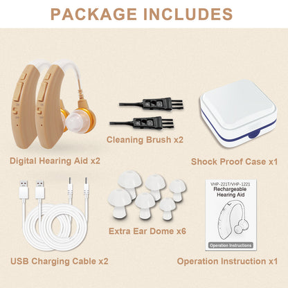HIBRIQ VHP-1221 Binaural Hearing Aids, Intelligent Noise-Cancelling Sound Devices with Multi-Level Volume Control & Frequency Adjustment, Rechargeable Design, Beige