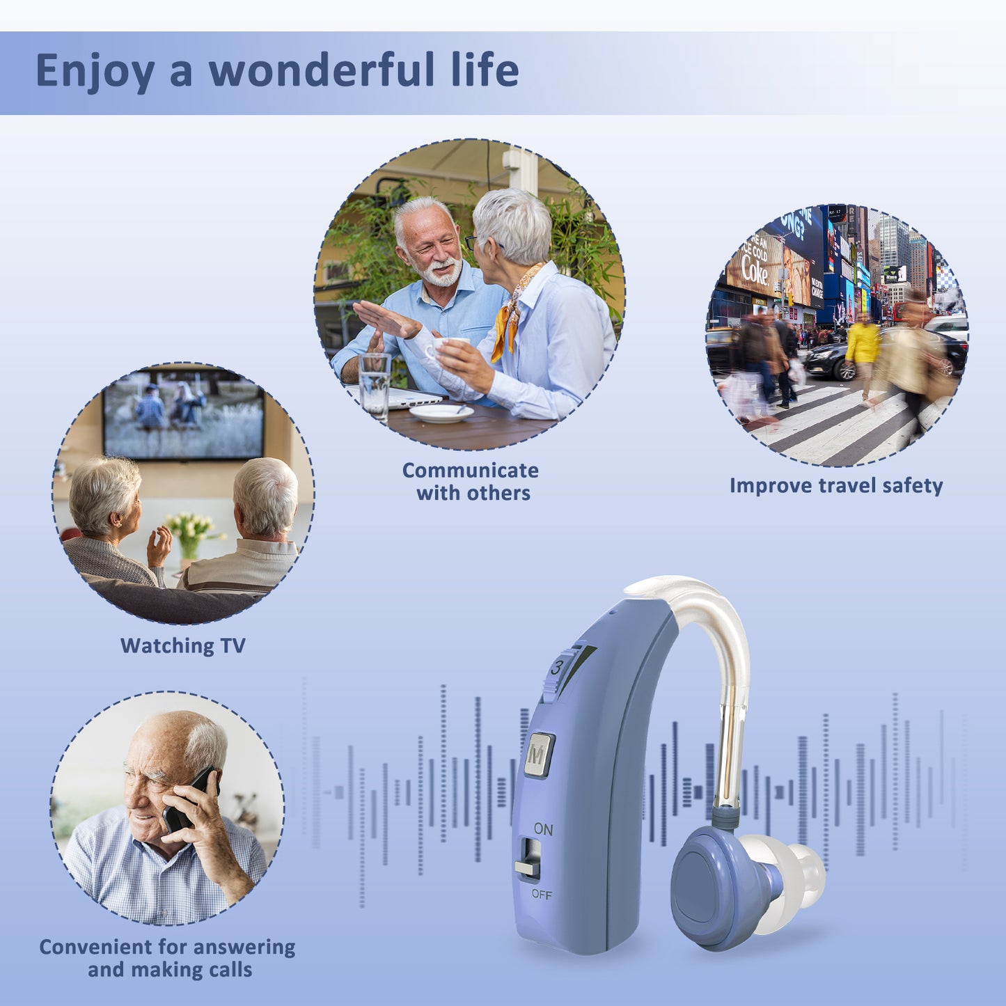 HIBRIQ VHP-1303 Hearing Aid for Adults: 2 Frequency Modes, Rechargeable Hearing Amplifier, Noise-Cancelling Sound Device with Adjustable Volume Controls, Single, Blue