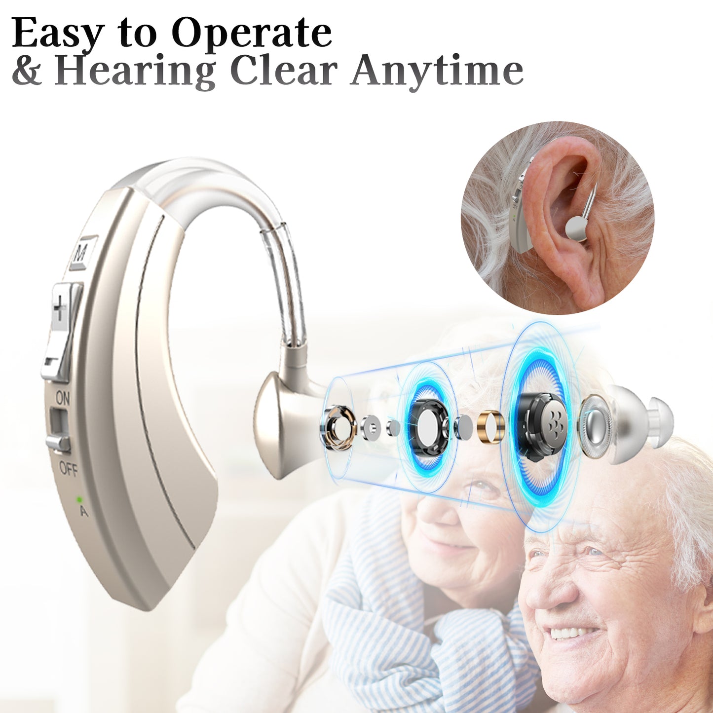 HIBRIQ VHP-1220AX Digital Hearing Aids for Adults, USB Rechargeable Sound Amplifiers with Adjustable Volume & Modes, Intelligent Noise Reduction Sound Devices, Gold, Binaural