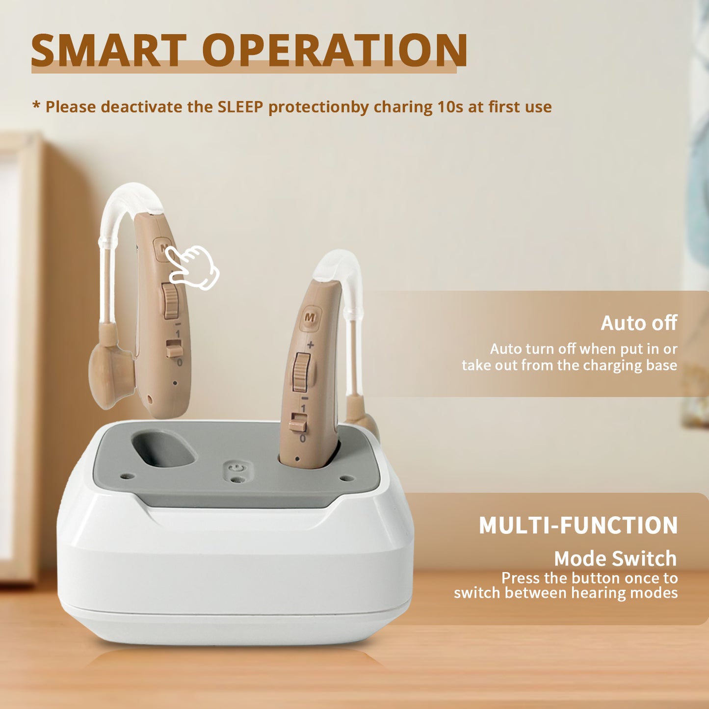 HIBRIQ VHP-1011 Rechargeable Hearing Aids, Control with Slide, Hearing Amplifiers for Adults with Adjustable Volume, Including a Portable Charging Dock, Beige.