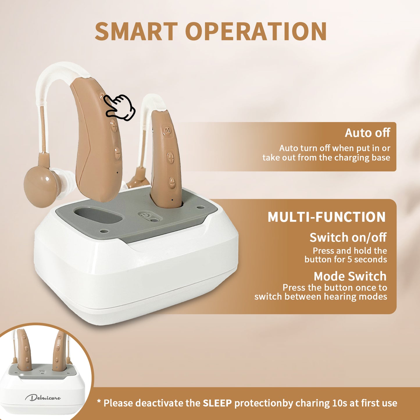 HIBRIQ VHP-1021 Rechargeable Hearing Aids, Hearing Device with 2 modes, Control with Button, Adjustable Volume Hearing Amplifiers for Adults, Portable Charging Cases Included. Beige.