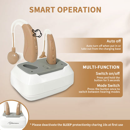 HIBRIQ VHP-1021 Rechargeable Hearing Aids, Hearing Device with 2 modes, Control with Button, Adjustable Volume Hearing Amplifiers for Adults, Portable Charging Cases Included. Beige.
