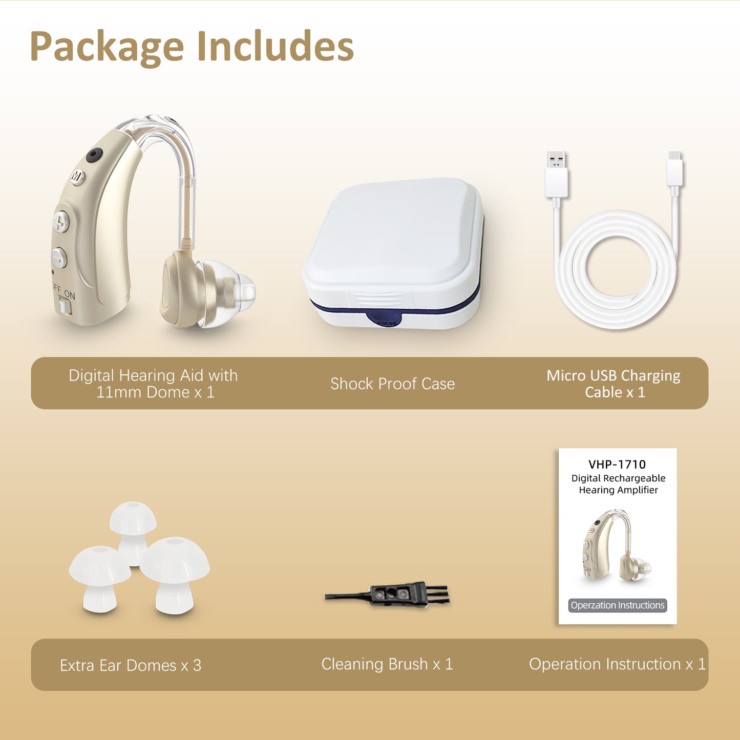 HIBRIQ VHP-1710 Single Hearing Aid, 16-Channel Rechargeable Sound Device with Intelligent Noise Reduction, Adjustable 4 Modes & 8 Volume Levels, Golden