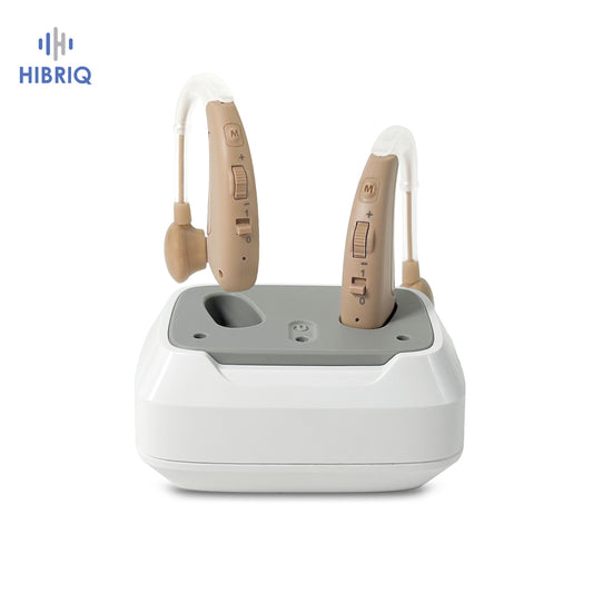 HIBRIQ VHP-1011 Rechargeable Hearing Aids, Control with Slide, Hearing Amplifiers for Adults with Adjustable Volume, Including a Portable Charging Dock, Beige.