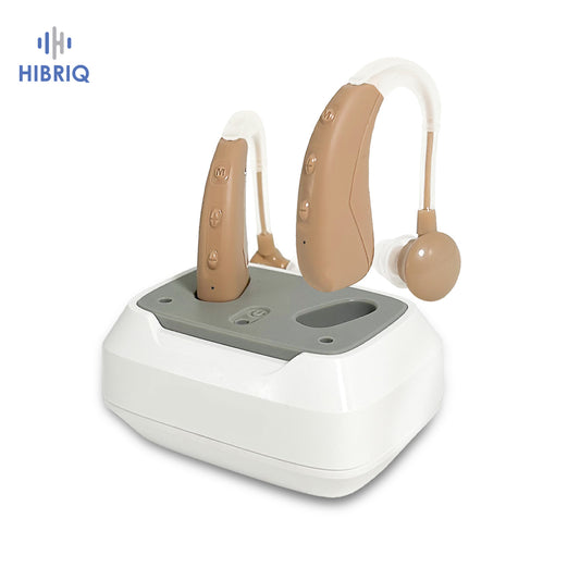 HIBRIQ VHP-1021 Rechargeable Hearing Aids, Hearing Device with 2 modes, Control with Button, Adjustable Volume Hearing Amplifiers for Adults, Portable Charging Cases Included. Beige.