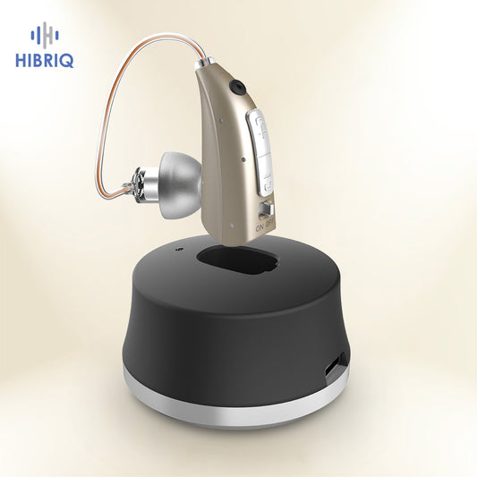 HIBRIQ VHP-1924 Hearing Aid, Rechargeable Hearing Amplifier with Charging Dock, Adjustable Frequency and Volume Control, Noise-Cancelling Sound Device, Single (Golden)