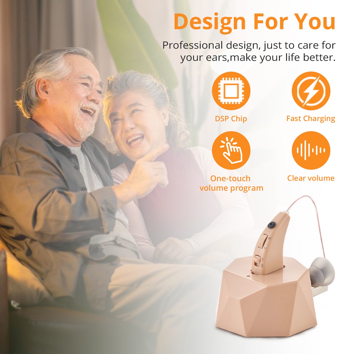 HIBRIQ VHP-1504 Hearing Aid for Seniors, Rechargeable Advanced Noise-Cancelling Hearing Amplifier with Volume Control, Crystal-Clear Sound, Long-Lasting Battery Life, Easy Charging with Dock, Single, Beige