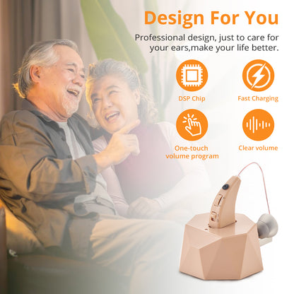 HIBRIQ VHP-1504 Hearing Aid for Seniors, Rechargeable Advanced Noise-Cancelling Hearing Amplifier with Volume Control, Crystal-Clear Sound, Long-Lasting Battery Life, Easy Charging with Dock, Single, Beige