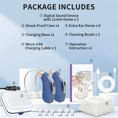 HIBRIQ VHP-1804 Hearing Aids, 32-Channel 4-Mode Sound Devices with Noise-Cancelling, Adjustable Volume Hearing Amplifiers for Seniors, Portable Charging Case Included, Blue