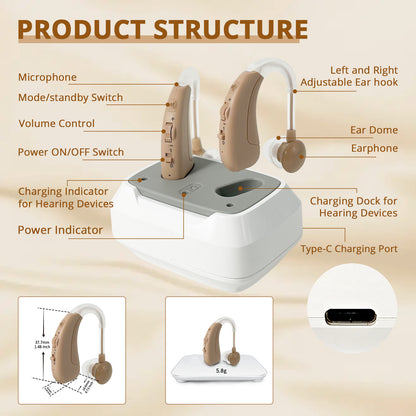 HIBRIQ VHP-1011 Rechargeable Hearing Aids, Control with Slide, Hearing Amplifiers for Adults with Adjustable Volume, Including a Portable Charging Dock, Beige.