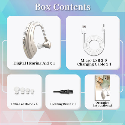 HIBRIQ VHP-1220AX Digital Hearing Aid for Adults, USB Rechargeable Sound Amplifier with Adjustable Volume & Modes, Intelligent Noise Reduction Sound Device, Gold, Single