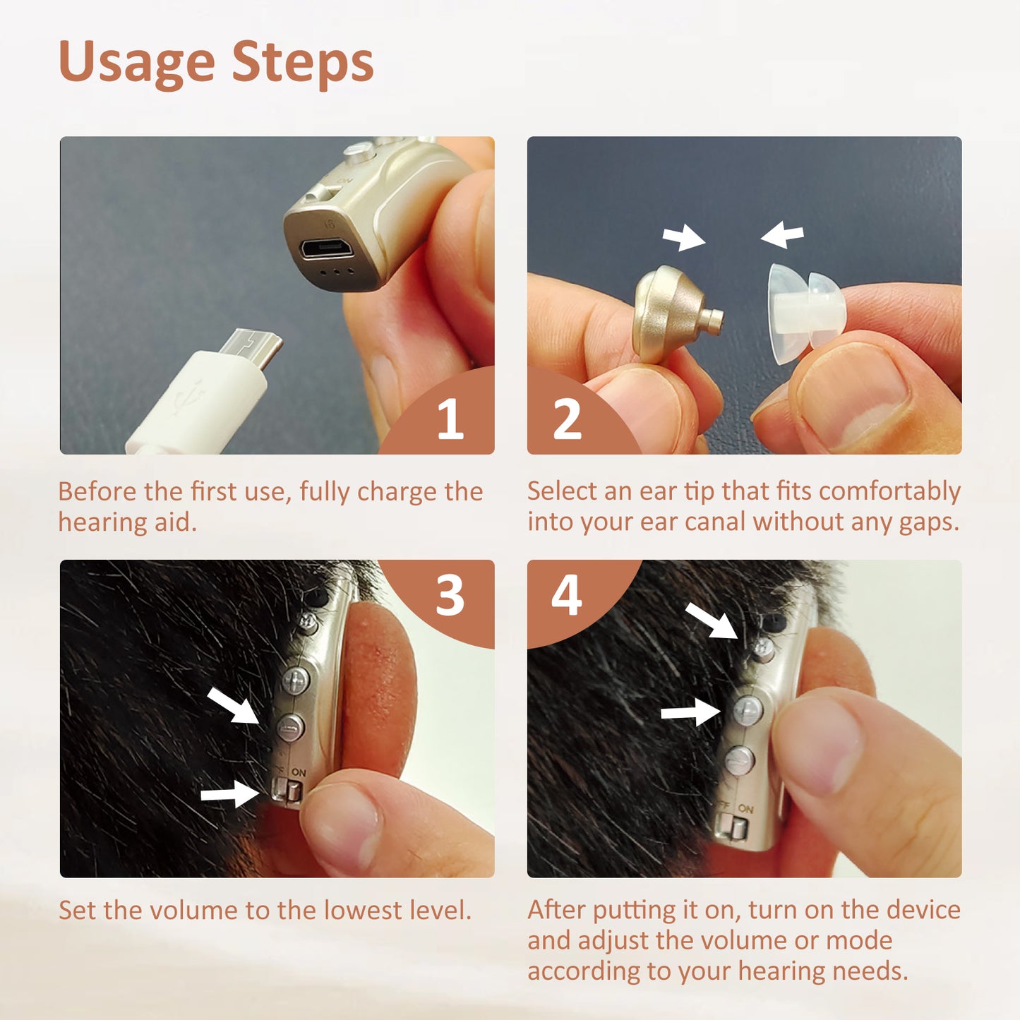 HIBRIQ VHP-1710 Single Hearing Aid, 16-Channel Rechargeable Sound Device with Intelligent Noise Reduction, Adjustable 4 Modes & 8 Volume Levels, Beige