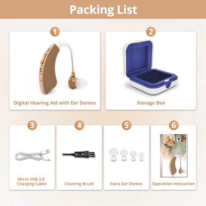 HIBRIQ VHP-1220AX Digital Hearing Aid for Adults, USB Rechargeable Sound Amplifier with Adjustable Volume & Modes, Intelligent Noise Reduction Sound Device, Beige, Single