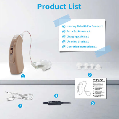 HIBRIQ VHP-1704 Single Hearing Aid, Rechargeable Hearing Amplifier for Adults, Sound Device with Comfortable Fit, Adjustable Volume, Beige