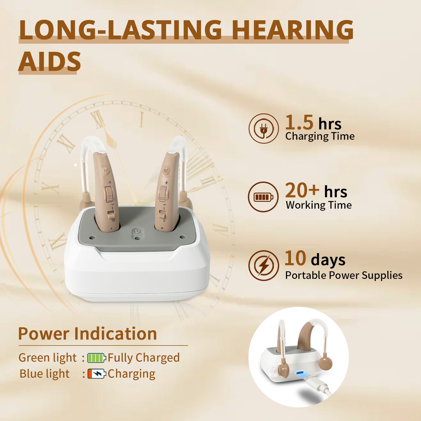 HIBRIQ VHP-1011 Rechargeable Hearing Aids, Control with Slide, Hearing Amplifiers for Adults with Adjustable Volume, Including a Portable Charging Dock, Beige.
