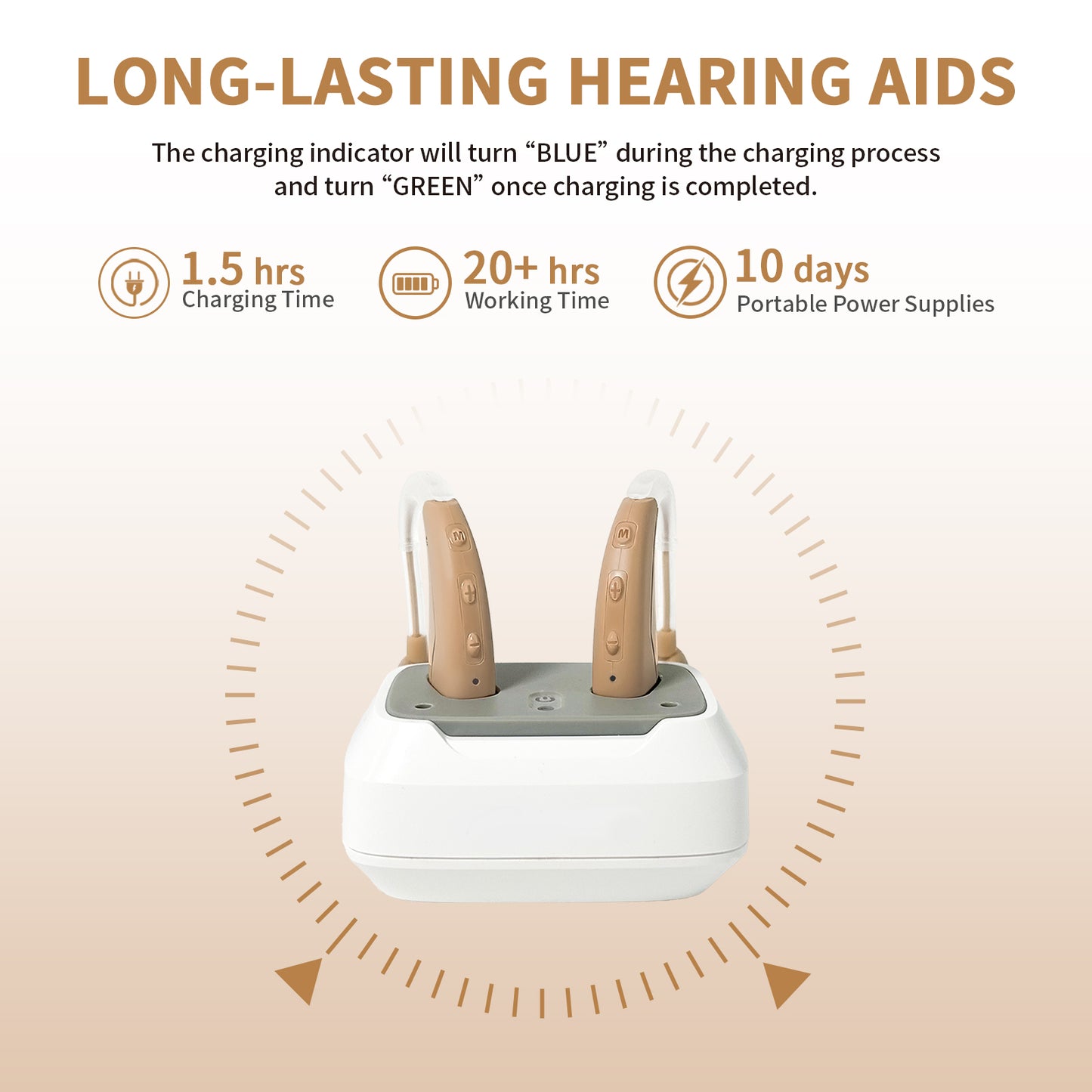 HIBRIQ VHP-1021 Rechargeable Hearing Aids, Hearing Device with 2 modes, Control with Button, Adjustable Volume Hearing Amplifiers for Adults, Portable Charging Cases Included. Beige.
