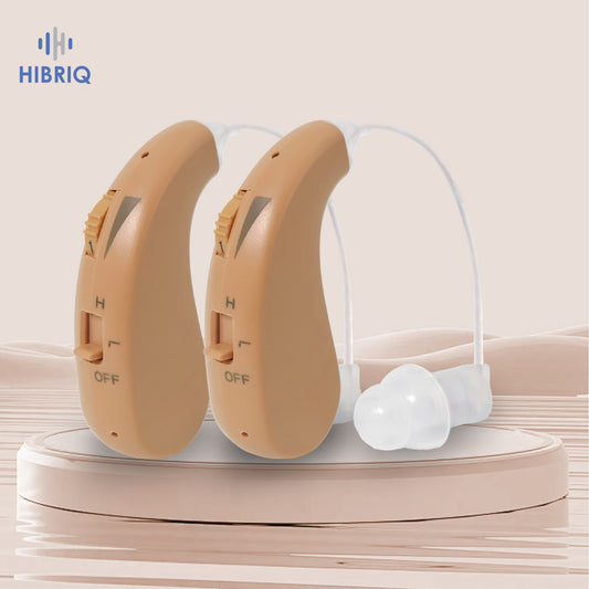 HIBRIQ VHP-1206 Binaural Rechargeable Hearing Aids, Adjustable Volume Sound Amplifiers to Improve Adult Auditory Experience, Beige.