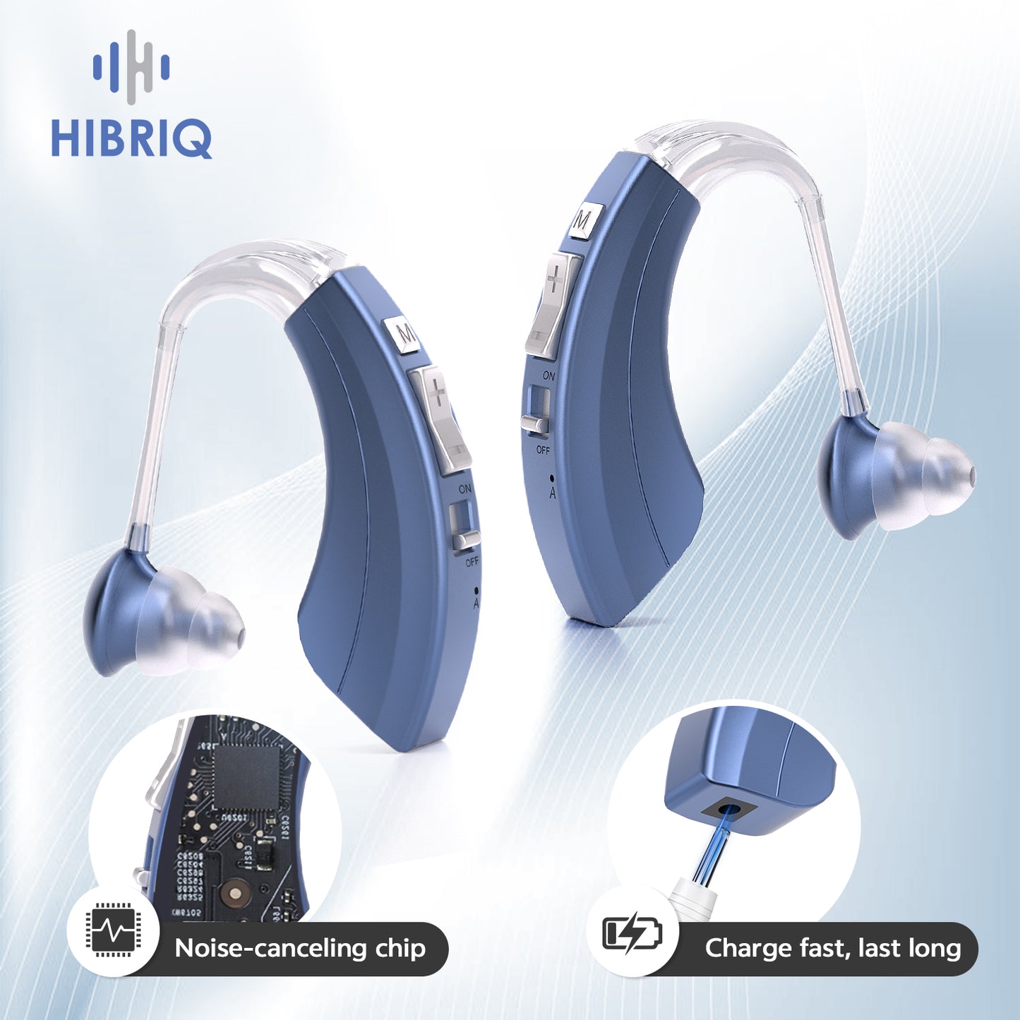 HIBRIQ VHP-1220AX Digital Hearing Aids for Adults, USB Rechargeable Sound Amplifiers with Adjustable Volume & Modes, Intelligent Noise Reduction Sound Devices, Blue, Binaural