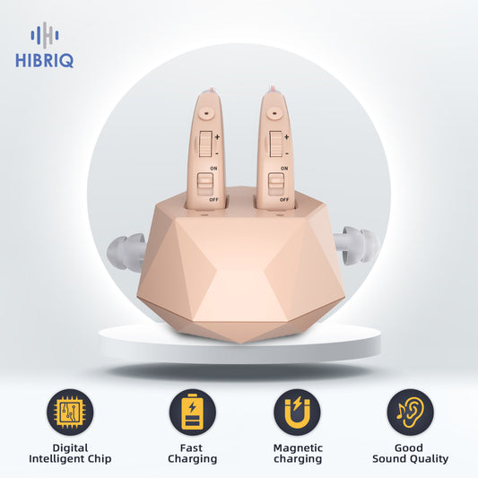 HIBRIQ VHP-1504 Hearing Aids for Seniors, Rechargeable Advanced Noise-Cancelling Hearing Amplifiers with Volume Control, Crystal-Clear Sound, Long-Lasting Battery Life, Easy Charging with Dock, Binaural, Beige